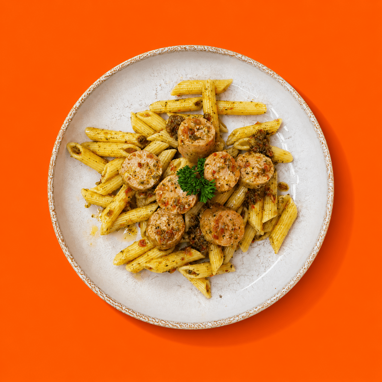 Bigmig repas sur mesure prêt à manger avec penne au pesto de tomate et saucisses, présenté en assiette blanche sur fond orange.