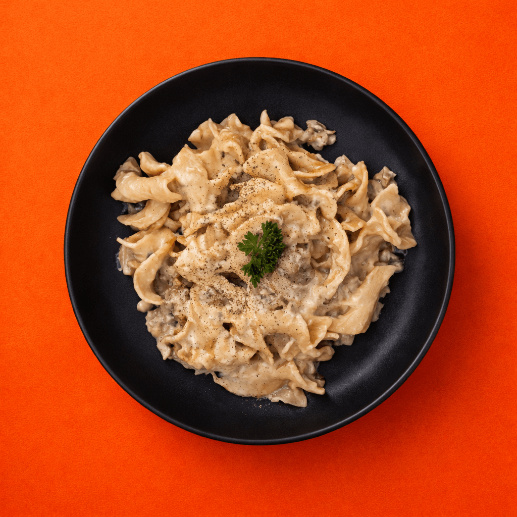 Big Mig beef stroganoff with egg noodles, comforting high-protein ready-to-eat meal delivered across Quebec.