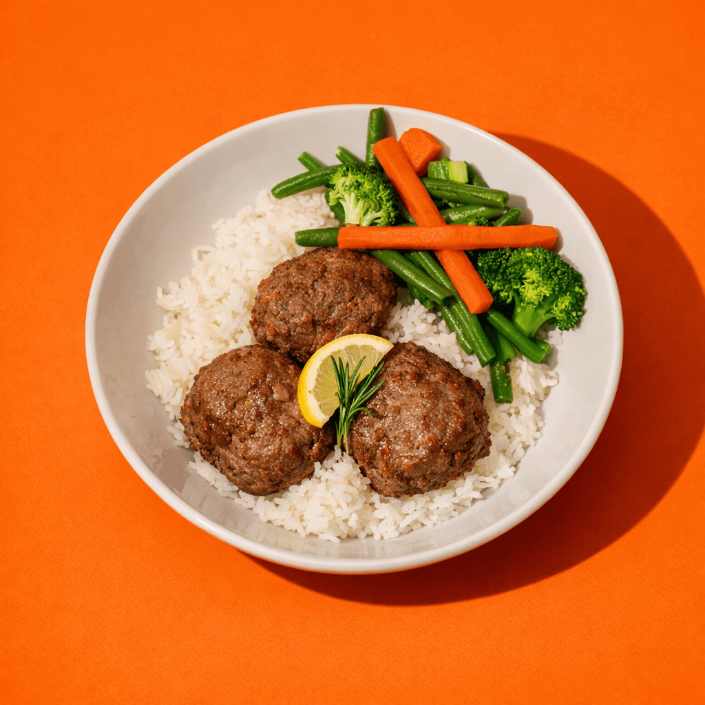 Bol de riz avec boulettes de dinde au citron et romarin, brocoli et carottes, repas prêt à manger BigMig sur fond orange.
